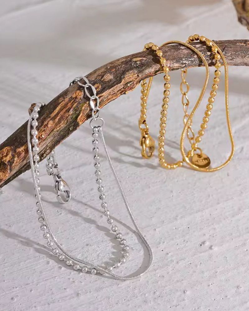 18k vergoldetes Edelstahl Armband mit doppelreihiger Flat- und Kugelkette Platinfarbe und Goldfarbe